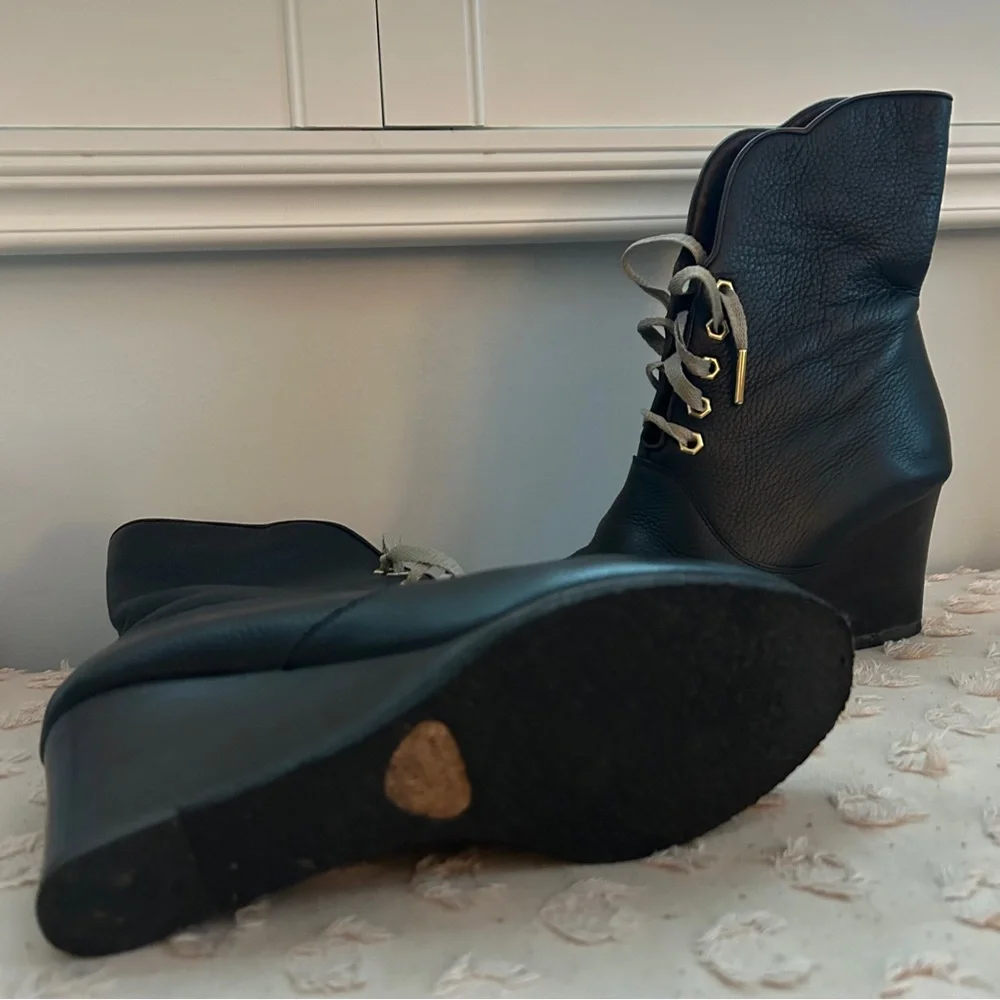 Chloe Wedge Lace Up Leather Heeled Ankle Boot Scallop Detail Black Leather 39 - Picture 8 of 15